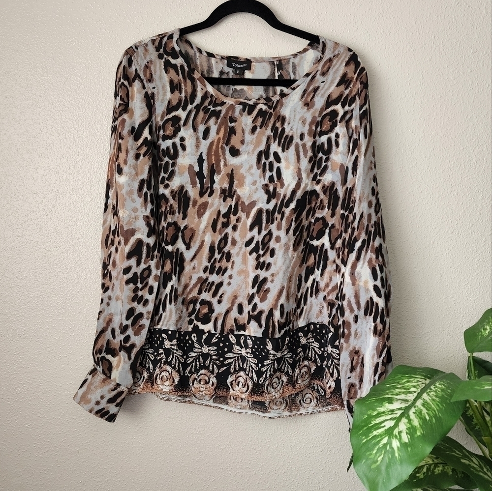 Tolani Silk Leopard Paisley Peasant Lightweight Blouse Womens Small